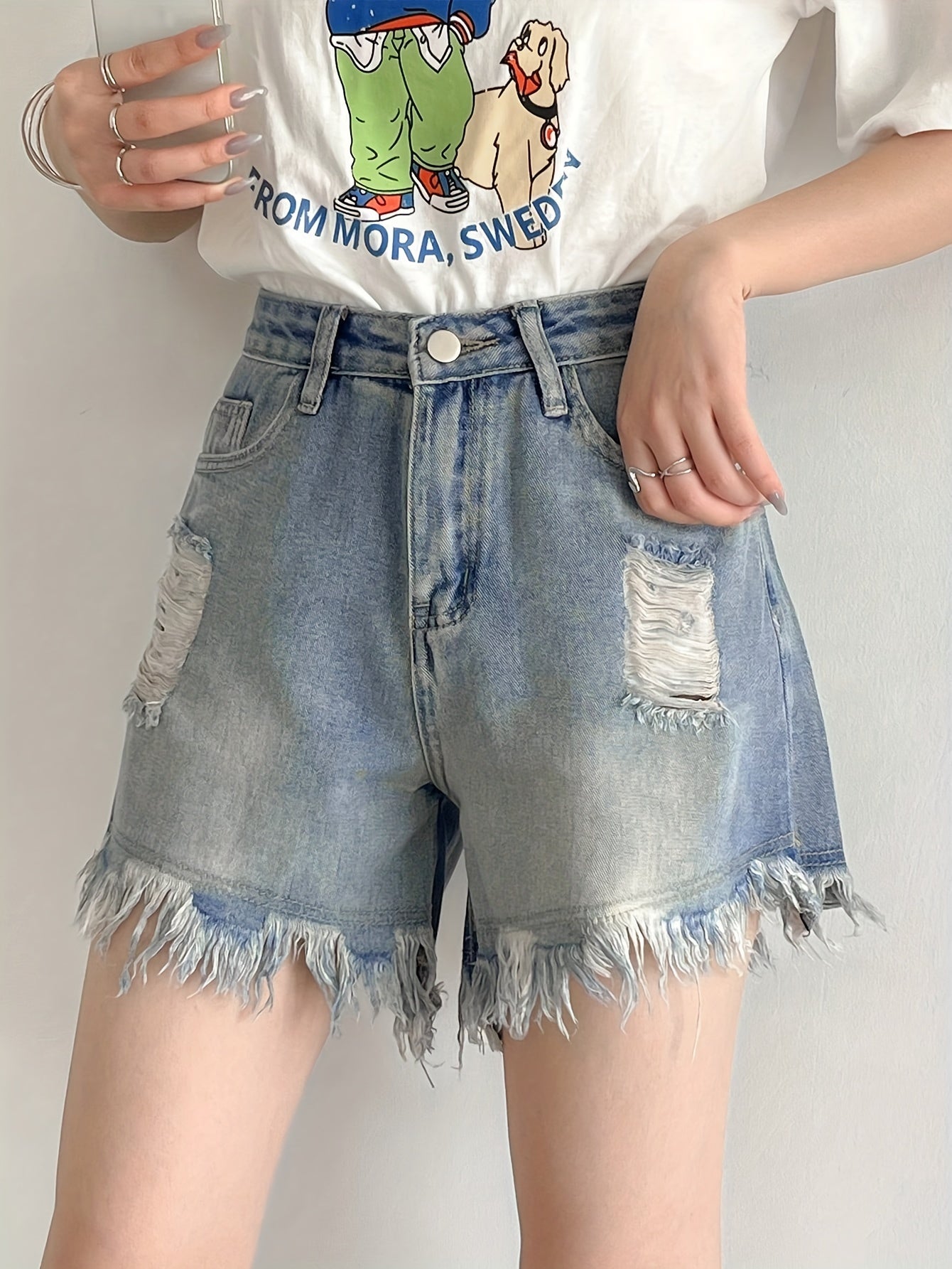 ZllKl  Ripped Raw Hem Denim Shorts, Distressed Washed Blue Denim Shorts, Women's Denim Jeans & Clothing