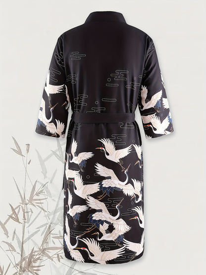 Vintage Crane Print Kimono Robe - Soft & Breathable, Loose-Fitting Lounge Wear - Ideal for Spring & Autumn Mornings