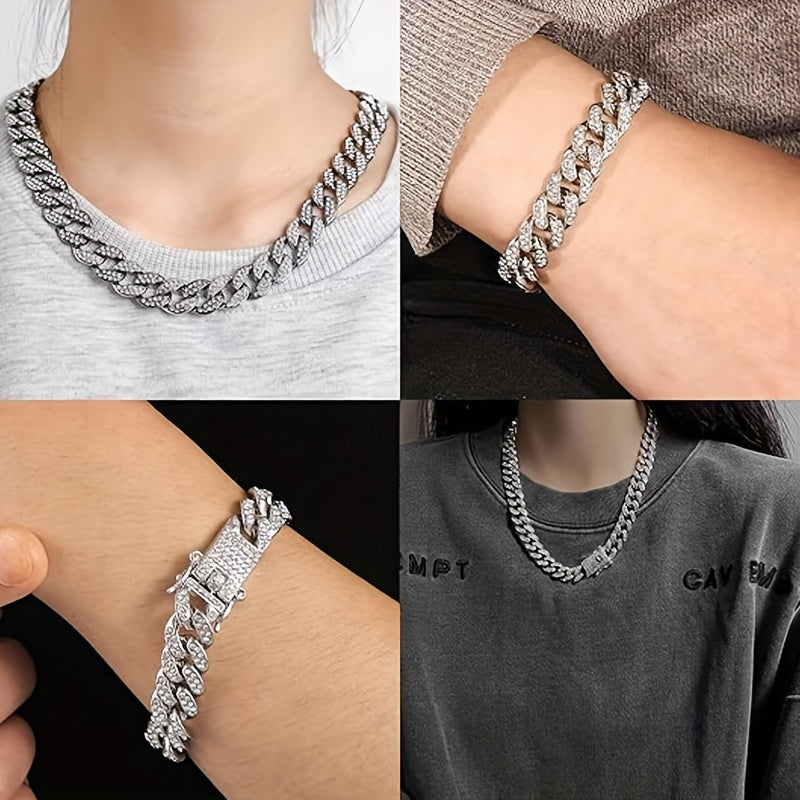 1pc Shiny Cuban Chain Icy Miami Men Womens Cuban Necklace Choker Silvery/Golden Shiny Rhinestone Hip Hop Jewelry For Women
