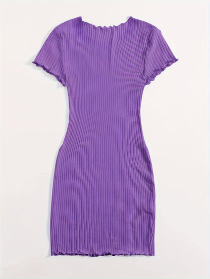Chic Solid Color Lettuce Hem Dress - Flattering Slim Fit, Versatile Crew Neck, Short Sleeve for Spring & Summer - Womens Casual Fashion