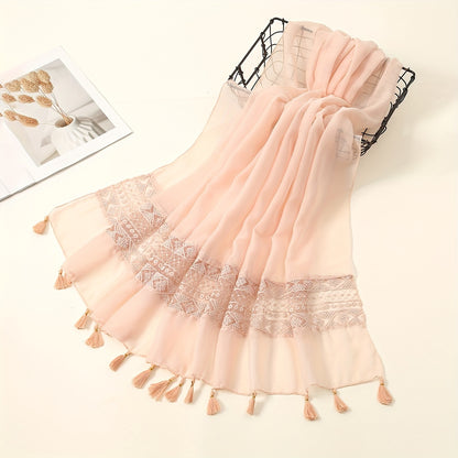 Delicate Embroidered Lace Tassel Scarf - Fashionable & Elegant for Casual Wear - Versatile Cold Weather Accessory, Perfect for Eid Celebrations