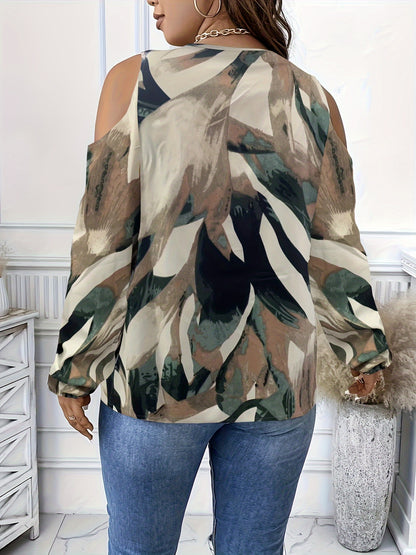 Plus Size Elegant V Neck Long Sleeve Blouse with Zip Front - Cold Shoulder, Non-Stretch Polyester Fabric, Random All Over Print, Perfect for Spring and Fall Seasons