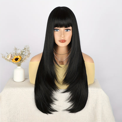 28 Inch Long Black Wig with Flattering Bangs - Silky Straight Synthetic Hair for Everyday Glam - Realistic, Easy-to-Style Wigs Designed for Women
