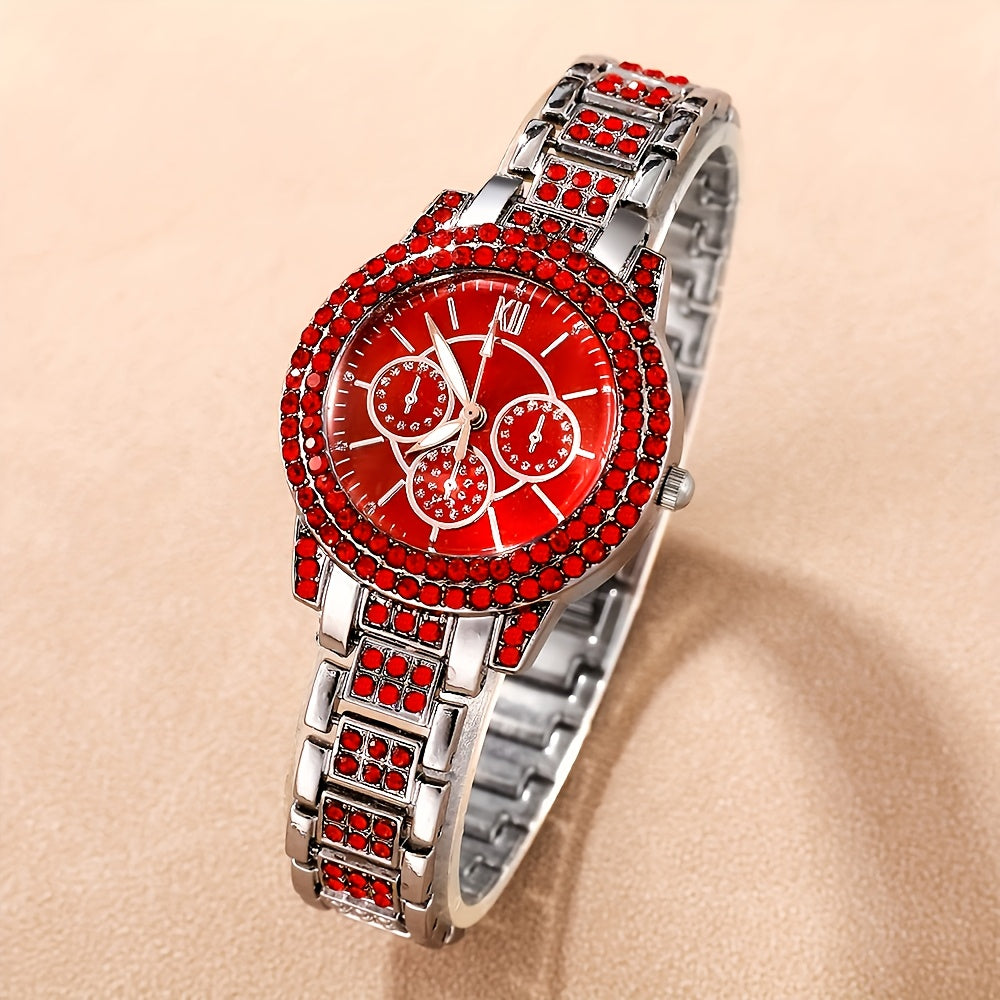 6 Pcs Sparkling Round Rhinestone Quartz Watches - Zinc Alloy Strap, Pointer, and Dial - Elegant Jewelry Gift Set for Women with Matching Necklace and Earrings