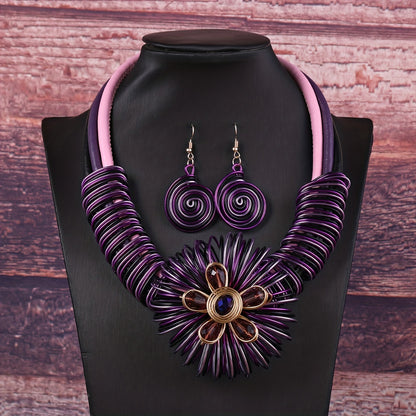 3pcs Earrings Plus Necklace Exaggerated Jewelry Set Colorful Flower Design Stunning Party Accessories Traditional Bridal Accessories