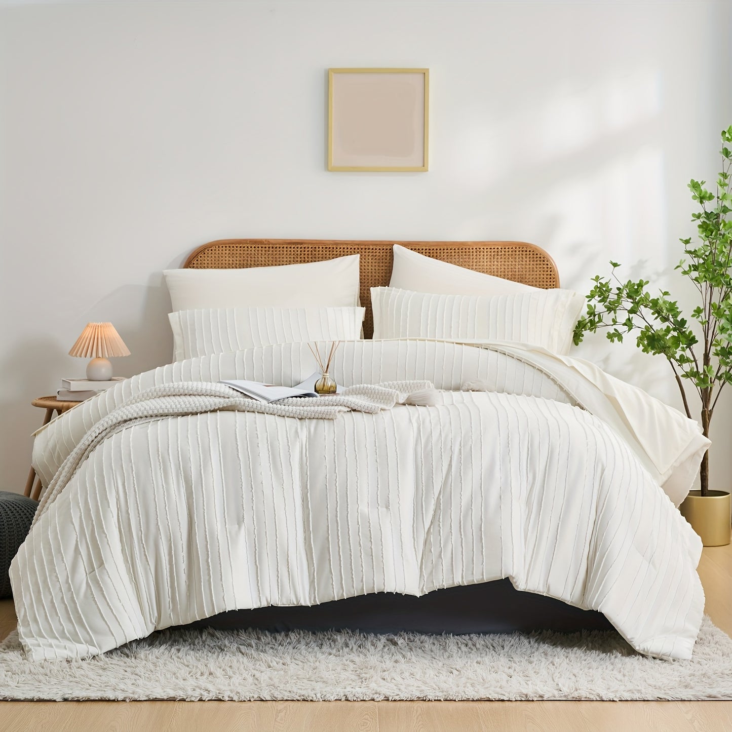 7-Piece Boho Chic Striped Textured Pattern Bed Set - Soft, Lightweight, Microfiber Bedding with Shabby Chic Design - Queen/King Size Bed in a Bag for All Seasons with Easy Care