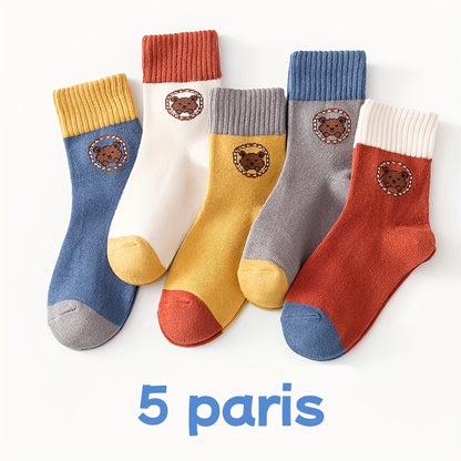 5Pairs/lot Boys Kids Cartoon Bear Pattern Cute Socks, Casual Sports Socks, Comfy Thickened Warm Crew Socks For Autumn Winter, Students Socks, Children's Socks