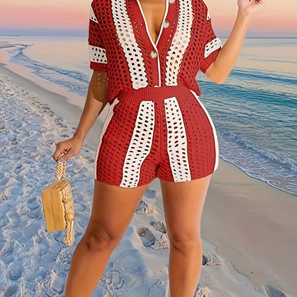 Two-Piece Short Sleeve Lapel Collar Cut Out Stripe Set - Semi-Sheer Micro Elastic Polyester Knit Fabric, Color Block Pattern, Casual Outfit for Spring/Summer - Elegant Womens Clothing