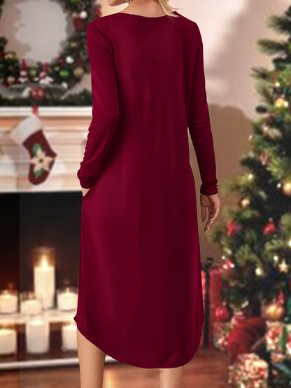 Christmas Santa Claus Print Long Sleeve Knit Dress with Pockets - Casual Round Neck Adult Dress for Fall/Winter Season