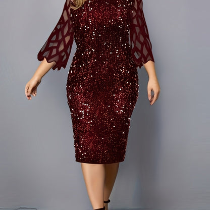 Plus Size Midi Fitted Bodycon Dress - Elegant Crew Neck, Three Quarter Sleeve, Slight Stretch, Contrast Sequin Stitching, Solid Color, Polyester, Hand Wash, Spring/Summer, Mature Occasion