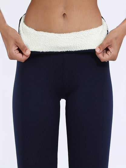 Solid Fleece Skinny Leggings, Casual High Waist Thermal Leggings For Fall & Winter, Women's Clothing