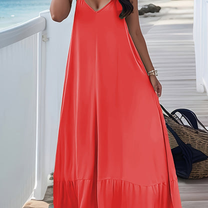 Plus Size Peplum Cami Maxi Dress - V Neck, Backless, Slight Stretch, Polyester, Machine Washable, Solid Color, Vacation Style, Knit Fabric - Perfect for Summer