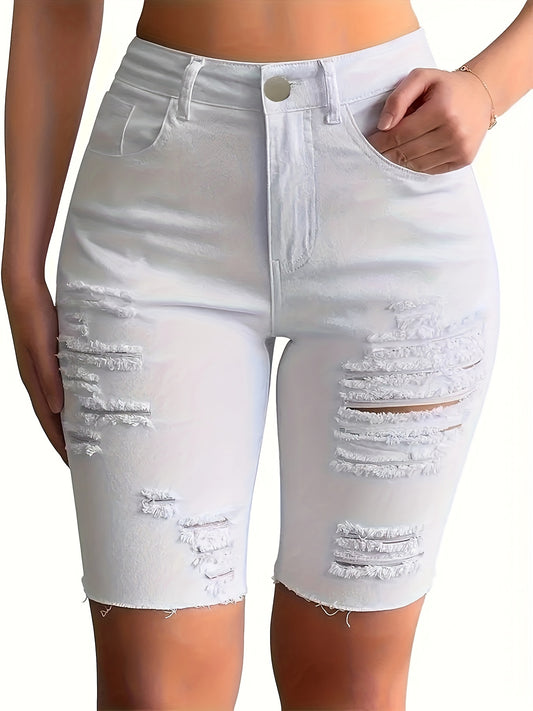 ZllKl  Women's Elegant White Ripped Denim Bermuda Shorts, Stretchy Knee-Length Jeans with Distressed Detail, Frayed Hem, Casual Fashion Summer Wear