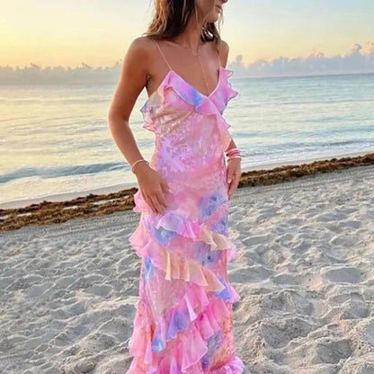 Casual Dresses Beach Style Backless Fashion Maxi Dress Women Summer  Sleeveless V-Neck Party Ruffles Patchwork Printed Ladies