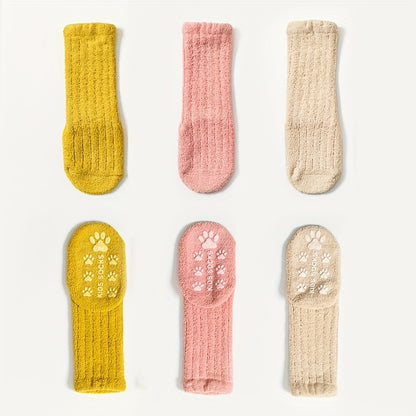 3-Pack Toddler Cozy Knit Tube Socks With Non-Slip Grip, Polyester & Spandex Blend, Extra Warm Velvet Thicken for Boys and Girls, Fall/Winter Hand Washable Long Socks for Children Age 12 & Under