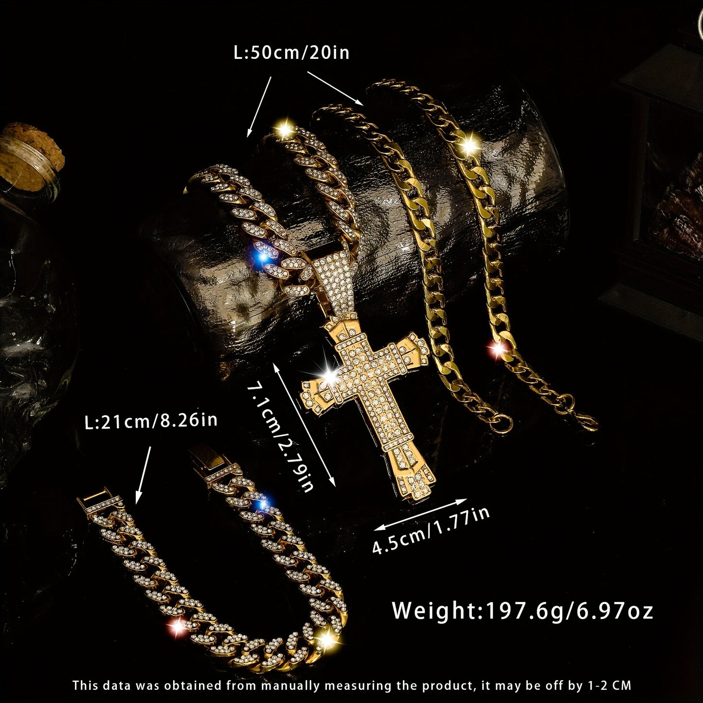 Multilayered Chain Bracelet & Pendant Necklace Set - Rhinestone Embellished, Zinc Alloy Made, Street Style Unisex Jewelry Gift for Women Men - Perfect for Everyday Wear