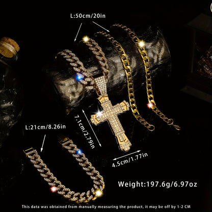 Multilayered Chain Bracelet & Pendant Necklace Set - Rhinestone Embellished, Zinc Alloy Made, Street Style Unisex Jewelry Gift for Women Men - Perfect for Everyday Wear
