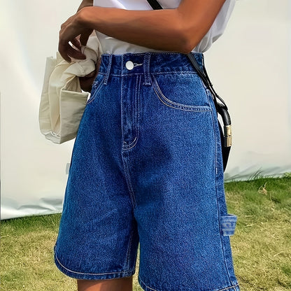 ZllKl  Blue Non-Stretch Denim Shorts, Slash Pockets Straight Legs Casual Short Denim Pants, Women's Denim Jeans & Clothing