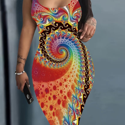 Flattering Abstract Print Sleeveless Tank Dress - Fashion-Forward Casual Style - Figure-Hugging Bodycon Fit - Perfect for Spring & Summer - Comfortable Crew Neckline - Womens Wardrobe Essential