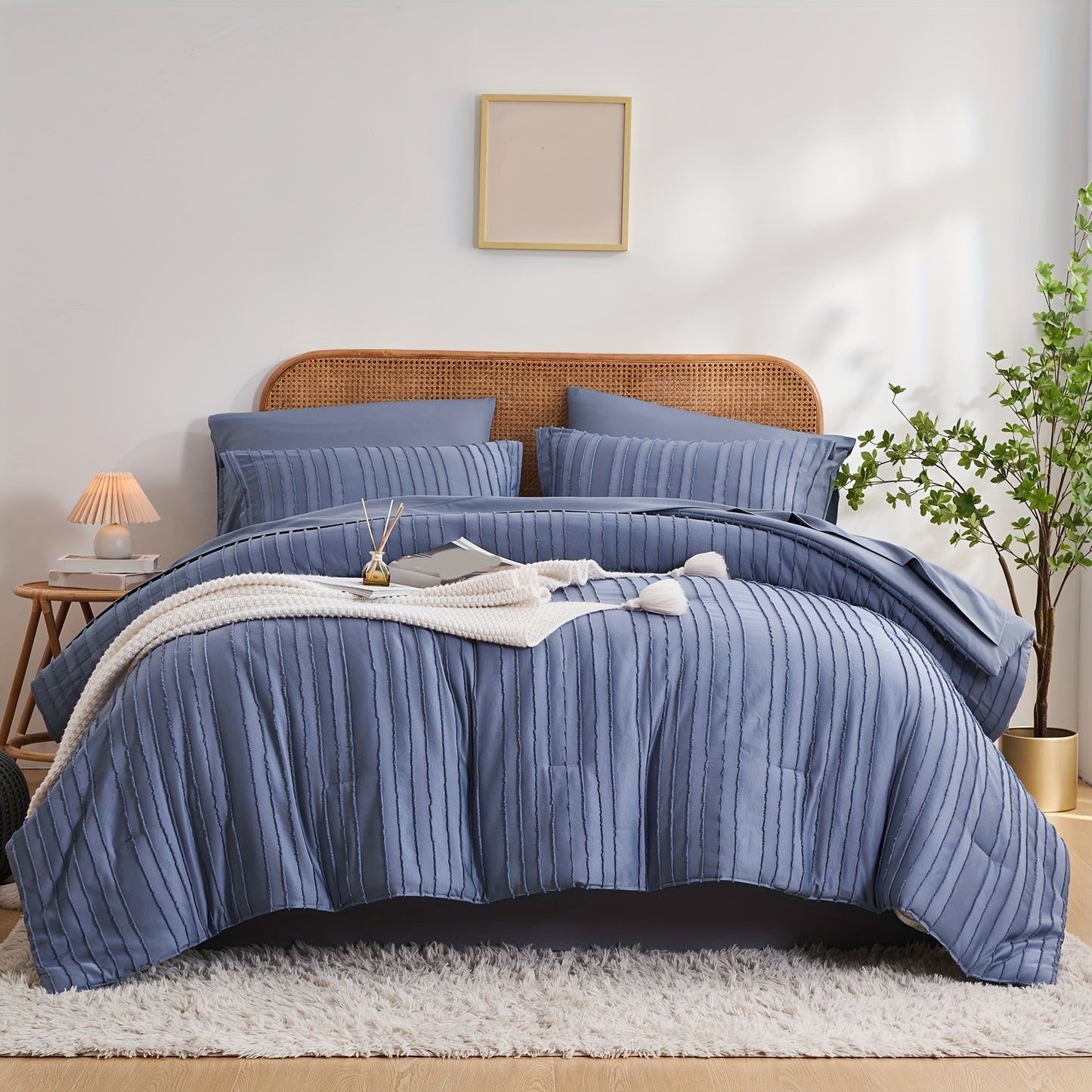 7-Piece Boho Chic Striped Textured Pattern Bed Set - Soft, Lightweight, Microfiber Bedding with Shabby Chic Design - Queen/King Size Bed in a Bag for All Seasons with Easy Care