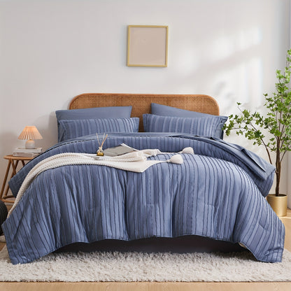 7-Piece Boho Chic Striped Textured Pattern Bed Set - Soft, Lightweight, Microfiber Bedding with Shabby Chic Design - Queen/King Size Bed in a Bag for All Seasons with Easy Care