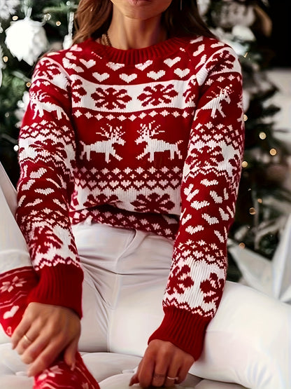 Elegant Red Reindeer & Snowflake Crew Neck Sweater - Cozy Knit Pullover for Women, Perfect for Christmas, for Winter, Autumn