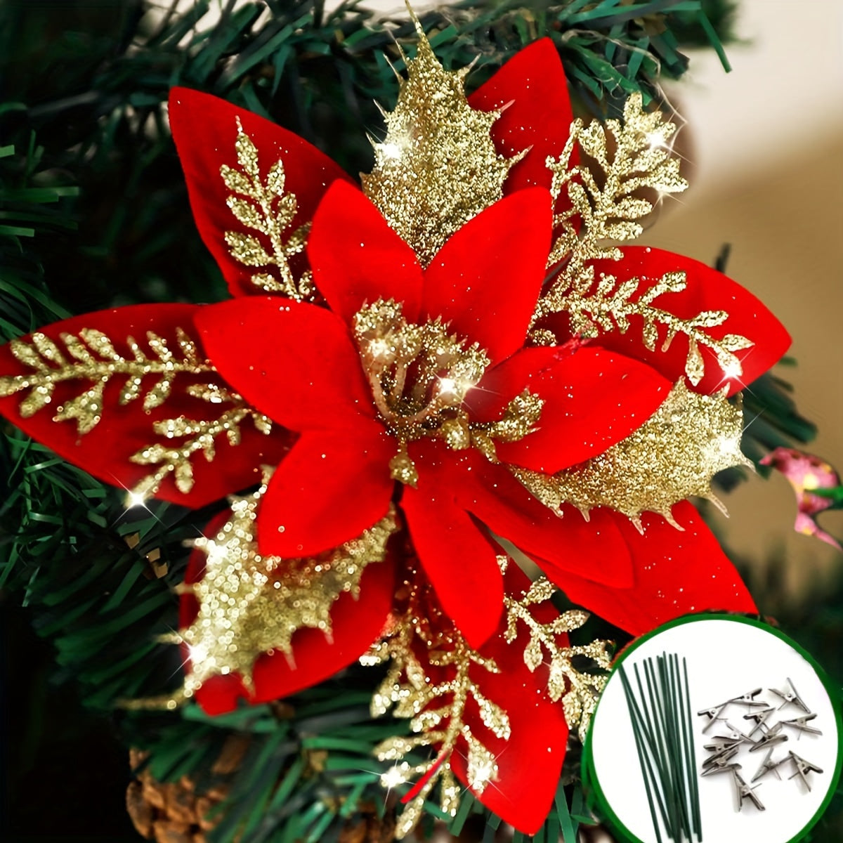 20 PCS Artificial Poinsettia Flowers with Clips - Festive Holiday Decorations for Xmas Tree, Wreath, Party, and Home with Plastic Ornaments