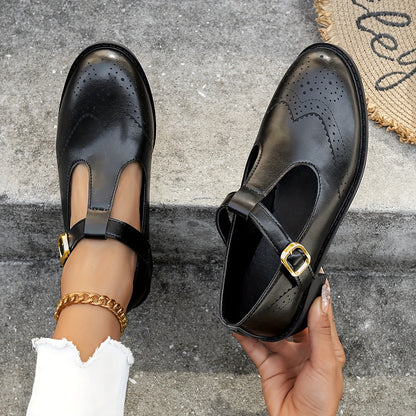 Vintage-Inspired Womens Brogue Oxfords Shoes - Solid Color, Round Toe, Buckle Strap, Chunky Low Heel, Casual, All-Season, Comfortable Walking Shoes