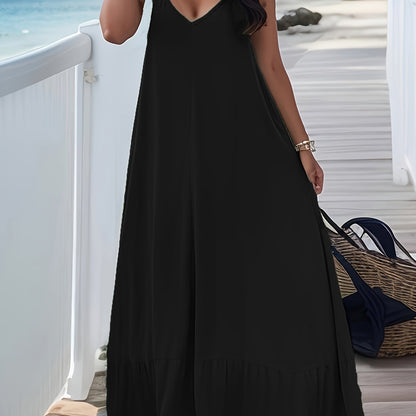 Plus Size Peplum Cami Maxi Dress - V Neck, Backless, Slight Stretch, Polyester, Machine Washable, Solid Color, Vacation Style, Knit Fabric - Perfect for Summer