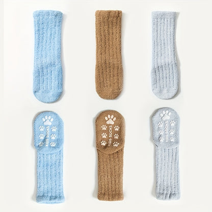 3-Pack Toddler Cozy Knit Tube Socks With Non-Slip Grip, Polyester & Spandex Blend, Extra Warm Velvet Thicken for Boys and Girls, Fall/Winter Hand Washable Long Socks for Children Age 12 & Under