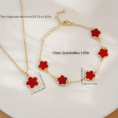 2-Piece Copper Jewelry Set - Gorgeous Five Petal Flower Necklace and Bracelet Combo - Perfect for Dates, Holidays, and Graduation Season Celebrations