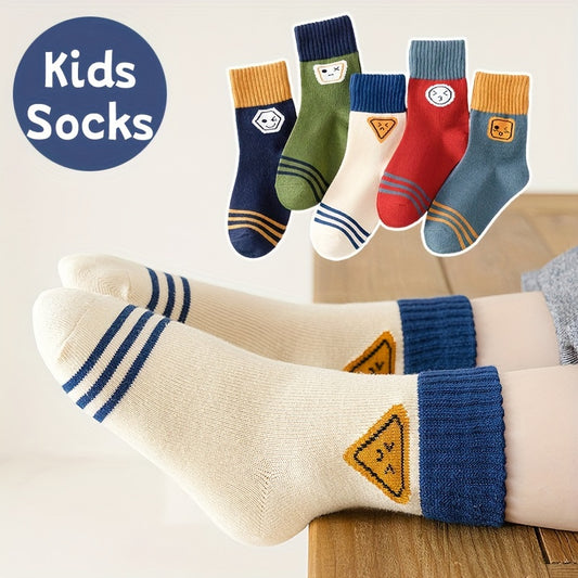 Boys Cartoon Calf Socks 5-Pack, Knit Fabric, Polyester 95%, Spandex 5%, Hand Washable, Cozy Fall/Winter Crew Socks for Kids Age 12 & Under