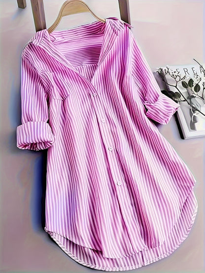 ZllKl Stripe Print Button Front Blouse, Casual Long Sleeve Blouse For Spring & Fall, Women's Clothing