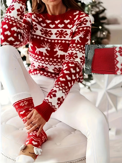 Elegant Red Reindeer & Snowflake Crew Neck Sweater - Cozy Knit Pullover for Women, Perfect for Christmas, for Winter, Autumn