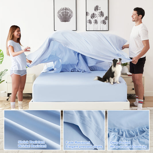 6 Piece Cooling Sheets Queen Set,Extra Deep Pocket White Queen Sheets & 4 Pillowcases,Breathable & Washable Queen Bedding Sheets,Wrap-around Elastic & Wrinkle Free Soft Queen Sheets