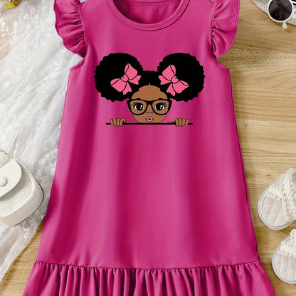 Girls Cartoon Graphic Knitted Ruffle Hem Flying Sleeve Dress - Soft, Slight Stretch, Regular Fit, Alphabets Pattern, Machine Washable, Perfect for Summer Casual Wear