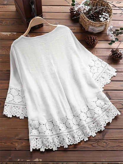 ZllKl Plus Size Elegant Blouse, Women's Plus Floral Appliques Contrast Guipure Lace Short Sleeve Tie Neck Top