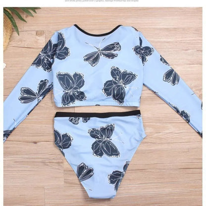 New Long Sleeved High Waist Women's Split Bikini Blue White Black Swimsuit