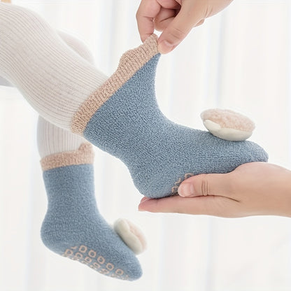 3 Pairs Of Baby Girl's Non Slip Floor Socks With Cute Decoration, Comfy Breathable Thermal Socks, Winter & Autumn