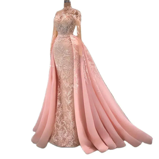 Fabulous Mermaid Prom Dresses Long Sleeves High Neckline Evening Gowns With Detachable Train Beaded Appliqued Special Occasion Formal Wear BC18487