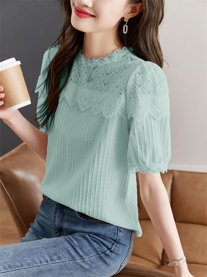Charming Solid Lace Blouse with Stitching Detail - Soft Textured Short Sleeve Top for Spring & Summer Elegance - Womens Casual Fashion