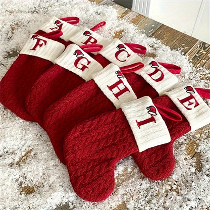 Classic Initial Mini Christmas Stockings, 1pc, Embroidered Alphabet Knit Red and White Themed Socks for Home, Christmas Tree, Mantel Decoration, No Feathers, Polyester - Festive Holiday Decor