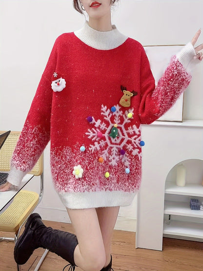 Women'S Festive Christmas Sweater, Long Sleeve, Elegant Style, Polyester, Round Neck, No Belt, Loose Fit, Pullover, Christmas Pattern, Floral Print, Mid-Stretch Fabric, Knee-Length, Leg of Mutton Sleeves, Embellished with Christmas Decor