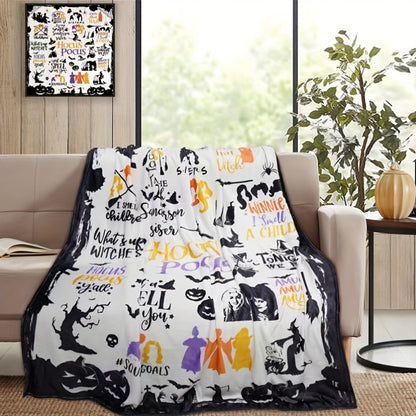Hocus Pocus Themed Flannel Throw Blanket - Contemporary Geometric-Patterned, Machine Washable, Hypoallergenic - Multipurpose, All Seasons Horror Decor with Digital Print for Couch, Bed, Travel - Polyester, Knitted, Soft Plush Fabric