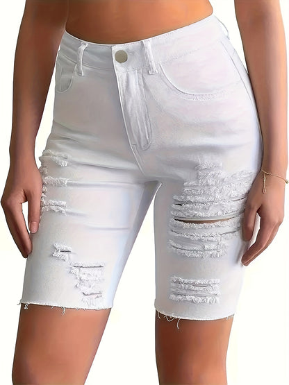 ZllKl  Women's Elegant White Ripped Denim Bermuda Shorts, Stretchy Knee-Length Jeans with Distressed Detail, Frayed Hem, Casual Fashion Summer Wear