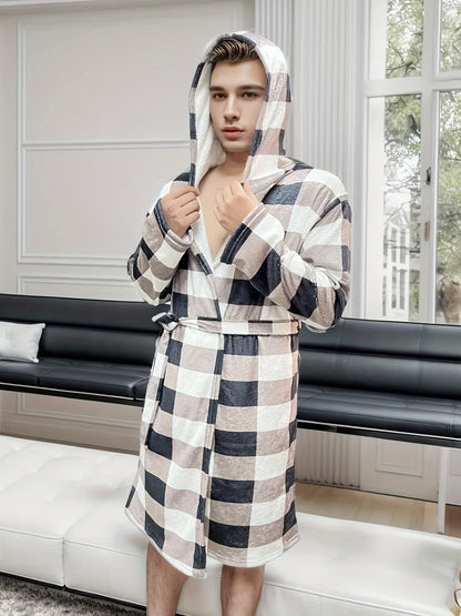 Men's Comfy Plaid Prints Fleece Warm Robe For Home Pajamas Wear One-piece Lace Up Kimono Night-robe Sets After Bath