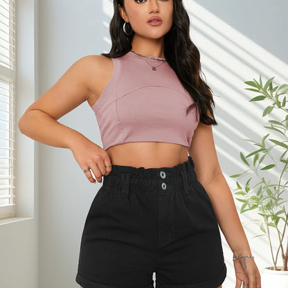 ZllKl  Plain High Waist Denim Shorts, Double Button Elastic Waist Short Denim Pants, Women's Denim Jeans & Clothing