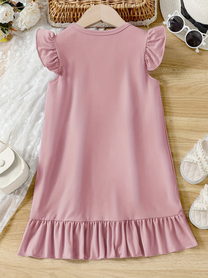 Girls Cartoon Graphic Knitted Ruffle Hem Flying Sleeve Dress - Soft, Slight Stretch, Regular Fit, Alphabets Pattern, Machine Washable, Perfect for Summer Casual Wear