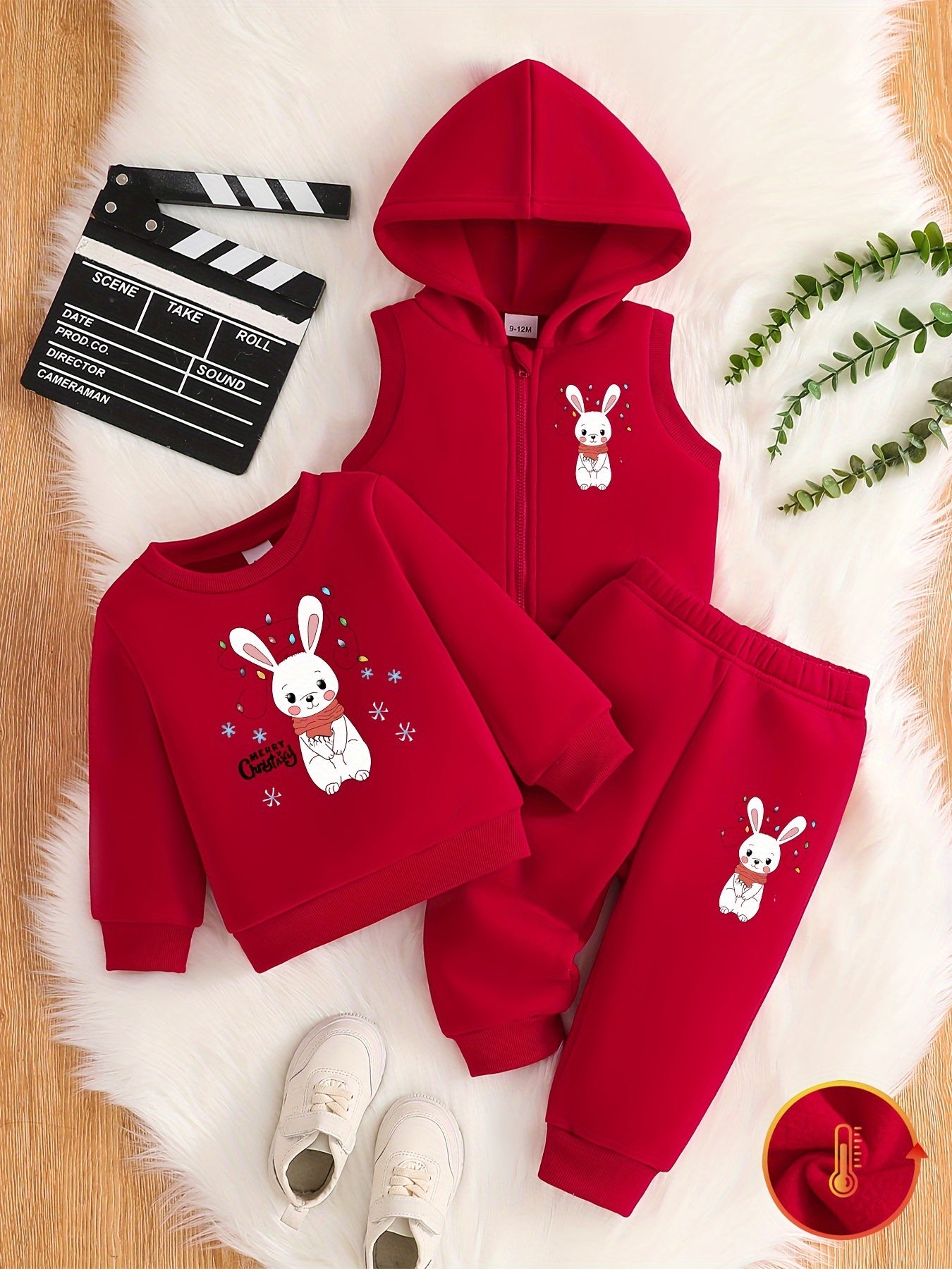 Festive Comfort, Cozy & Cute Girls' Christmas 3pcs Set: Fleece-Lined Hoodie, Sweatpants & Vest - Machine Washable Polyester, Perfect for Outdoor