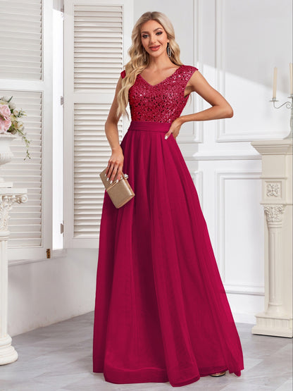 Long Sleeveless Elegant A-line Floor Length Sequin V-neck Formal Dress for Women - Shining Contrast Sequin Details, Micro Elasticity, and Loose Silhouette - Polyester Material, Hand Wash, and Perfect for Party & Banquet